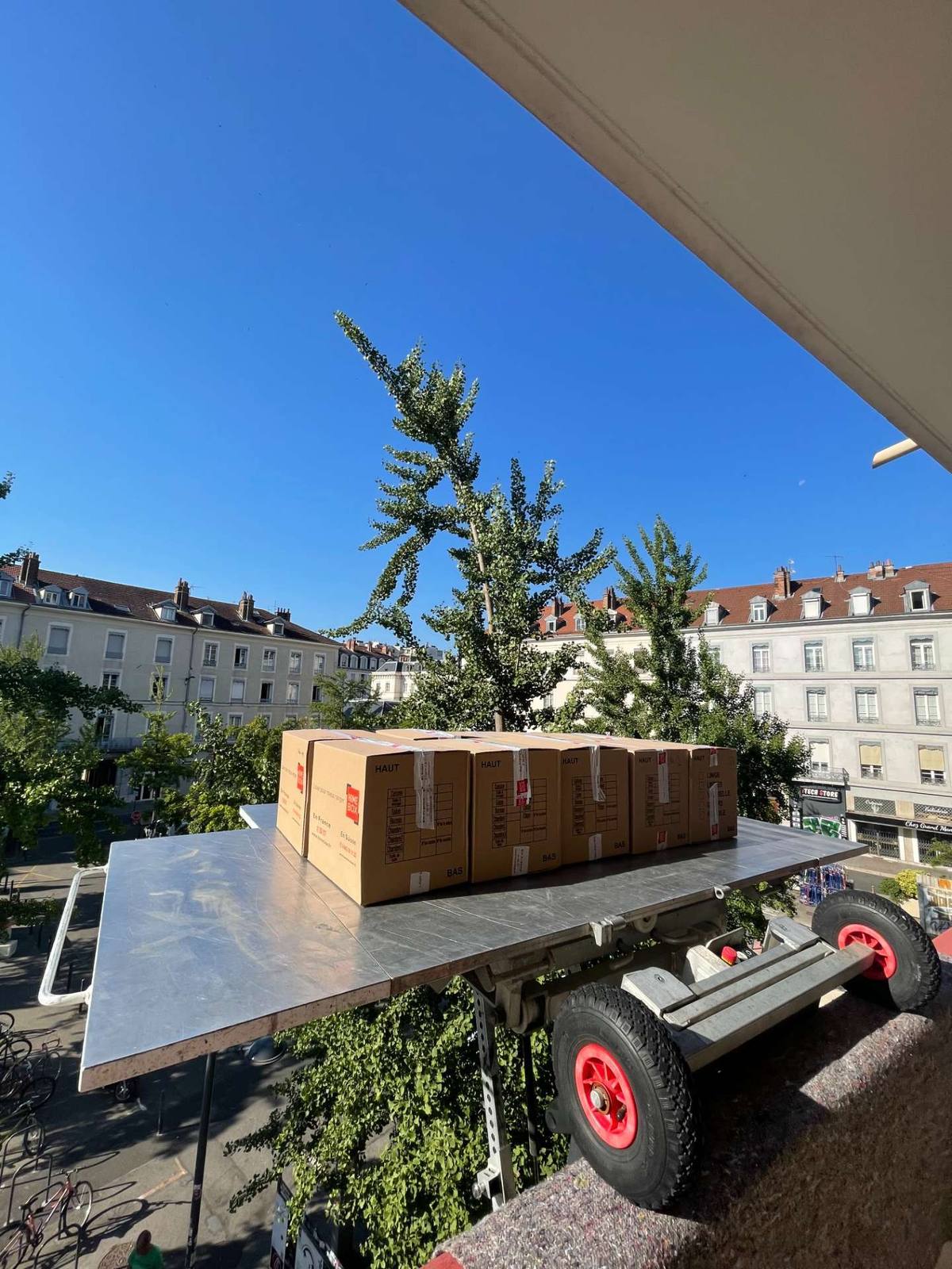 Cartons sur plateau de monte-meuble, vue montagne